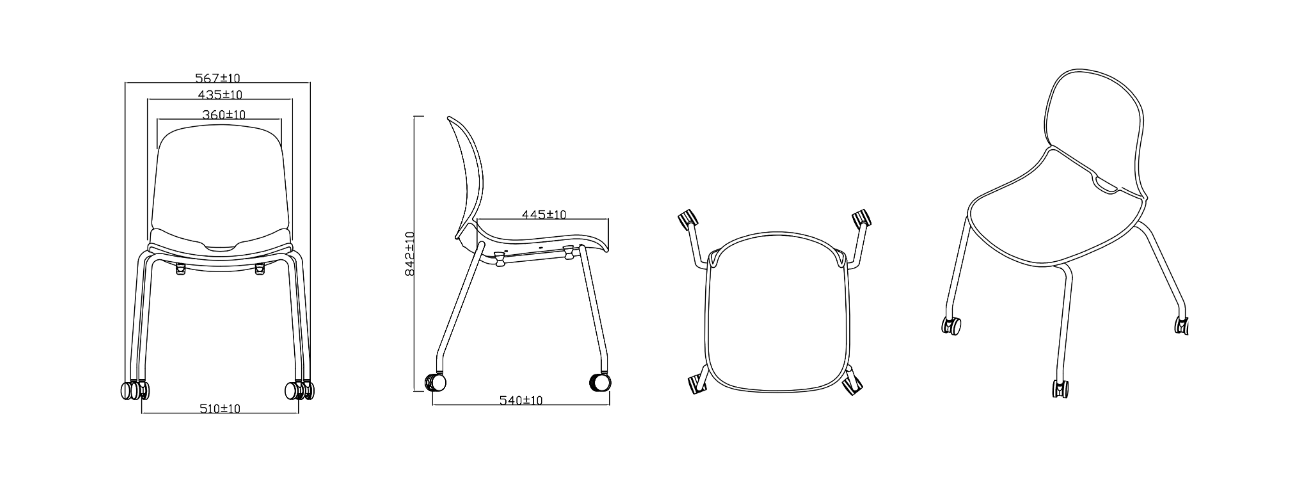 Kích thước ghế NIRAI 4 chân bánh xe